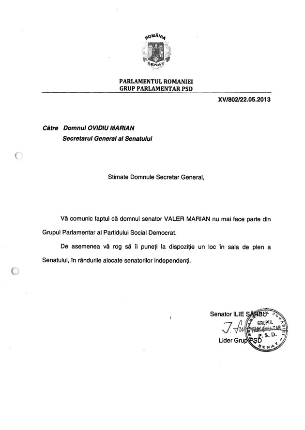 Valer Marian, exclus din Grupul PSD din Senat