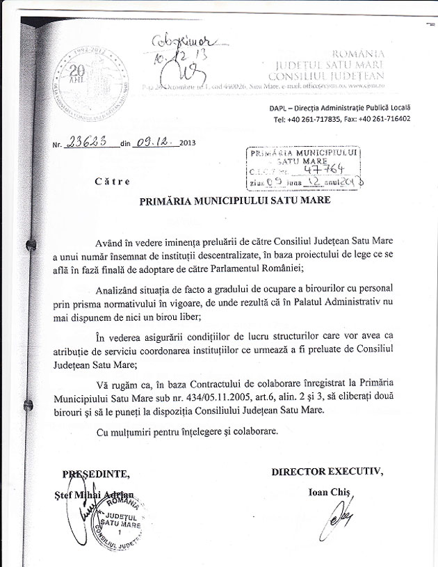 Consiliul Judeţean nu a solicitat mutarea Primăriei Satu Mare