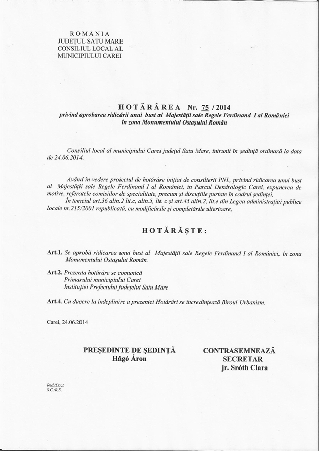 Problema bustului Regelui Ferdinand I, tranşată la Carei