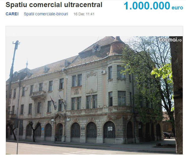Fostul sediu al Primăriei Carei, scos la mezat pe internet
