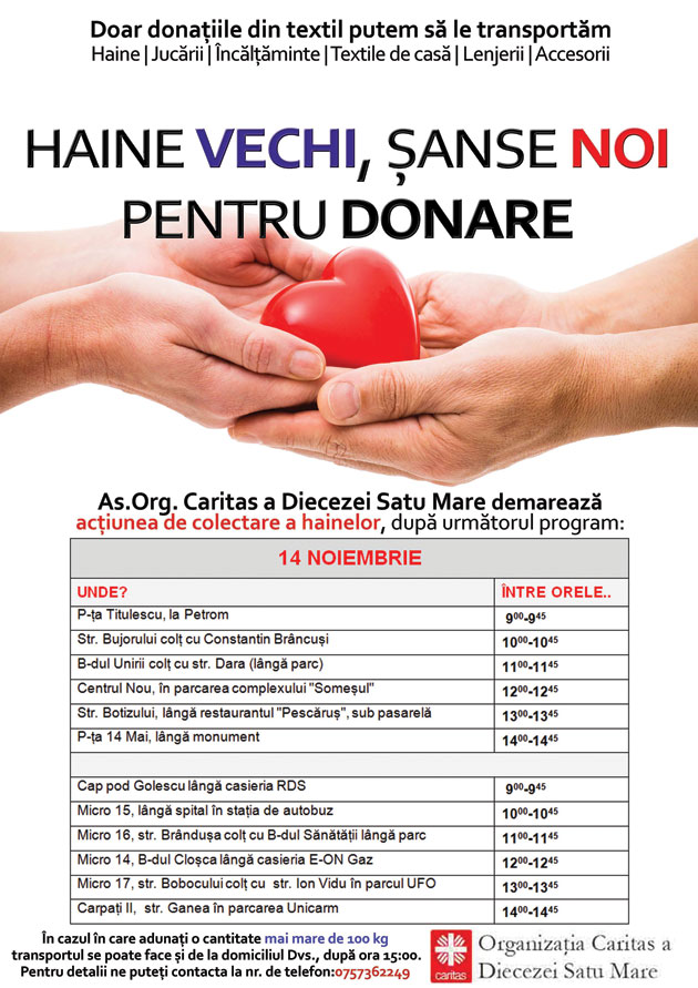 Caritas Satu Mare va derula o nouă acțiune  de colectare a hainelor vechi