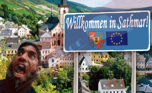 Panou cu “Willkommen in Sathmar!” pentru refugiaţi