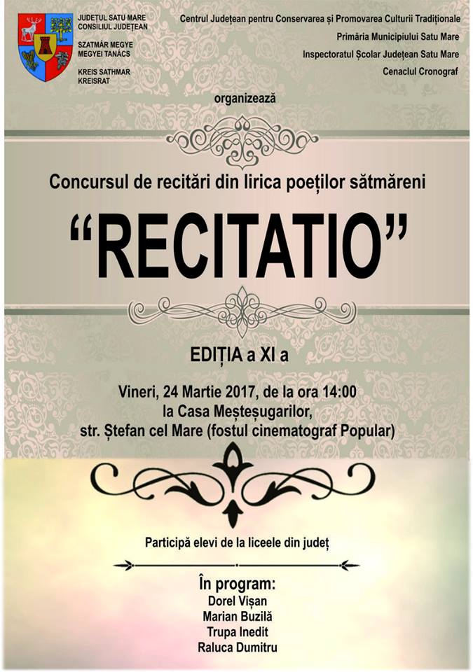 Concursul de recitări din lirica poeților sătmăreni „Recitatio”, la cea de-a XI-a ediție