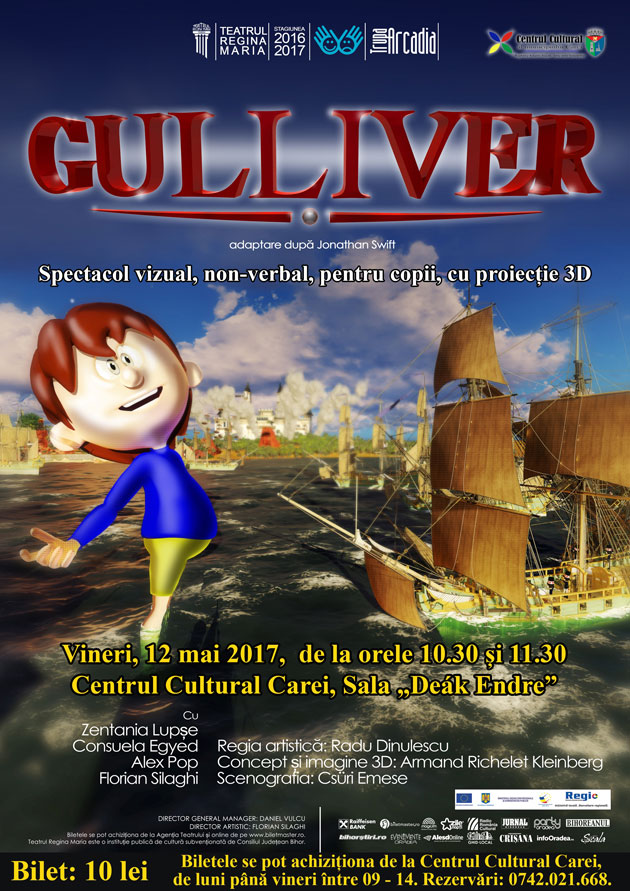 Spectacol vizual pentru copii cu păpuși și proiecție 3D - „Gulliver”, în premieră la Carei
