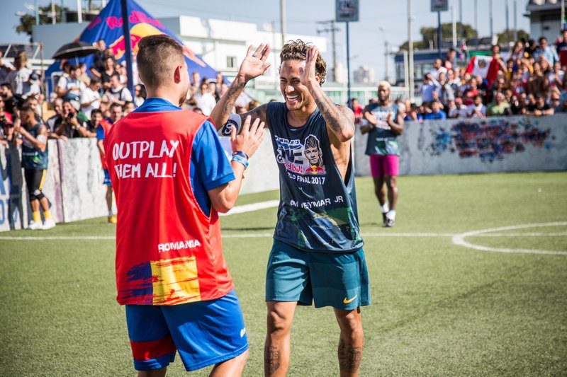 Neymar Jr and Team Romania are seen during the Neymar Jr's Five World Final in Praia Grande, Sao Paulo, Brazil on July 08, 2017