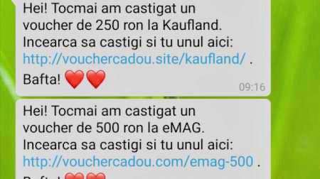Mare atenție! Țeapă pe WhatsApp cu vouchere eMAG, Kaufland şi Tarom