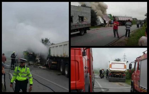 VIDEO/FOTO. ACCIDENT cumplit. Impact frontal cu un Tir. Aproape că a ars de viu
