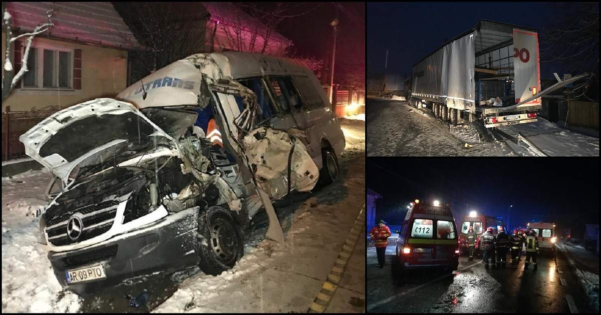 FOTOGALERIE. GROAZNIC. Accident MORTAL. Microbuz PLIN cu oameni, SPULBERAT de un TIR