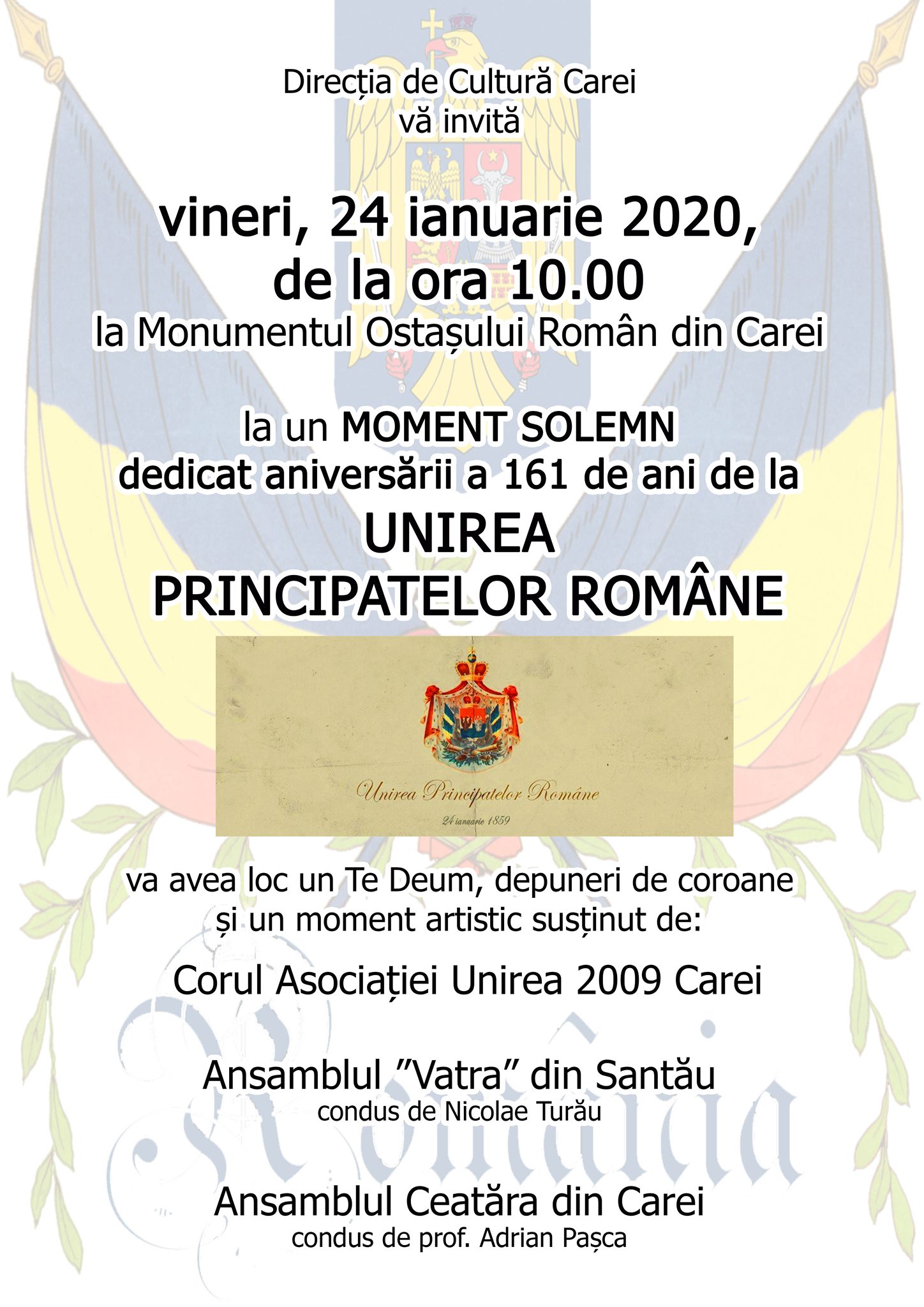MOMENT SOLEMN dedicat aniversării a 161 de ani de la Unirea Principatelor Române, la Carei