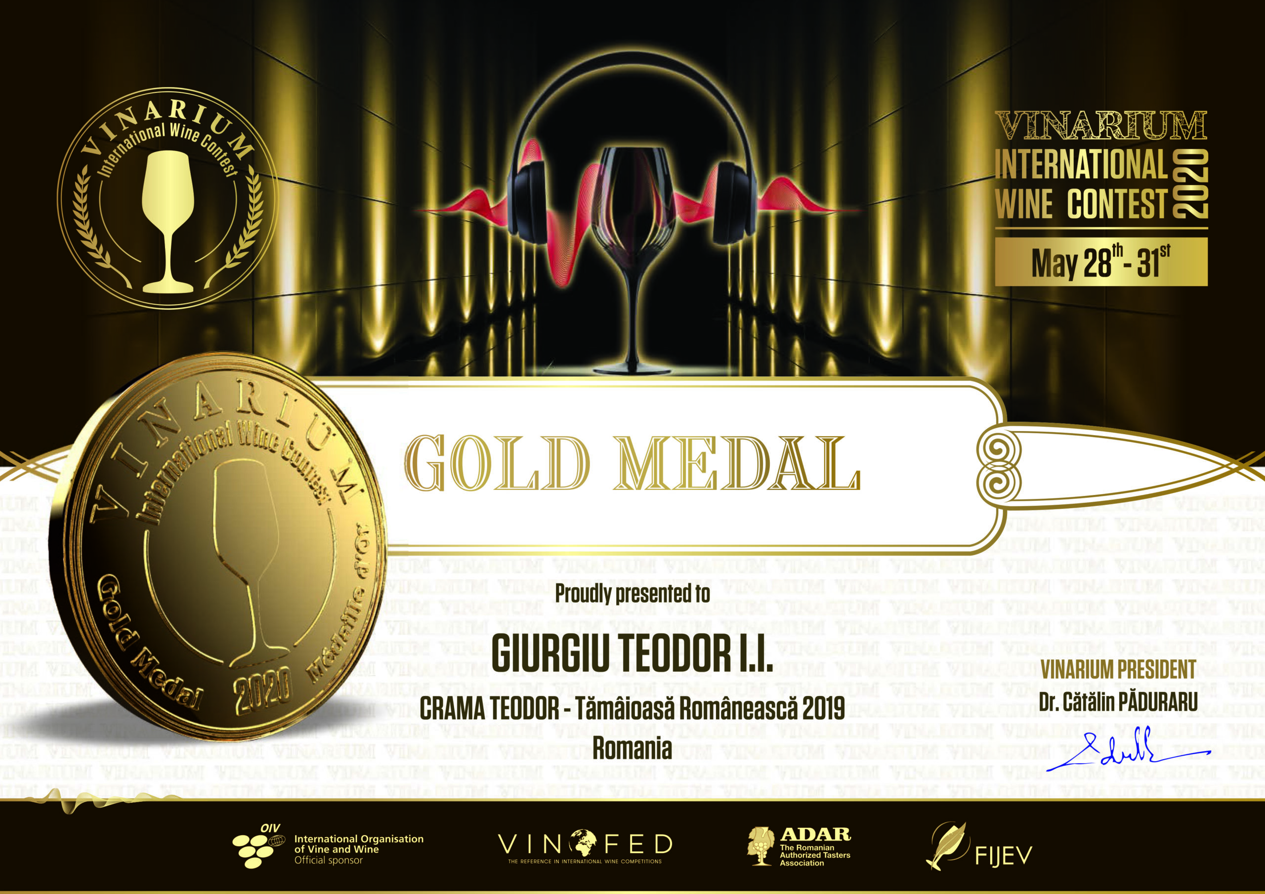 PERFORMANȚĂ : Crama Teodor, MEDALIATĂ  cu AUR la Vinarium 2020