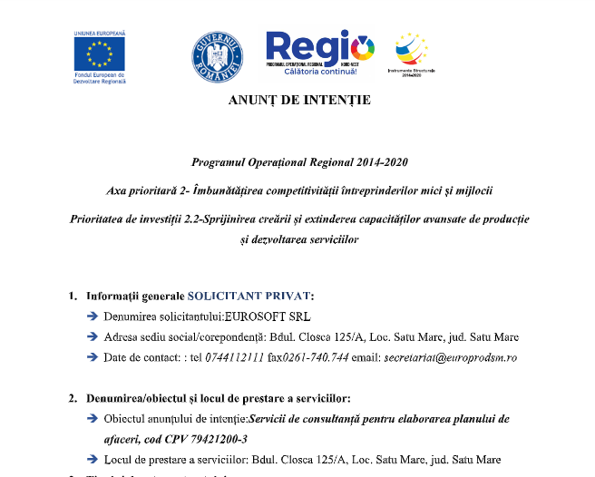 ANUNȚ DE INTENȚIE: EUROSOFT SRL