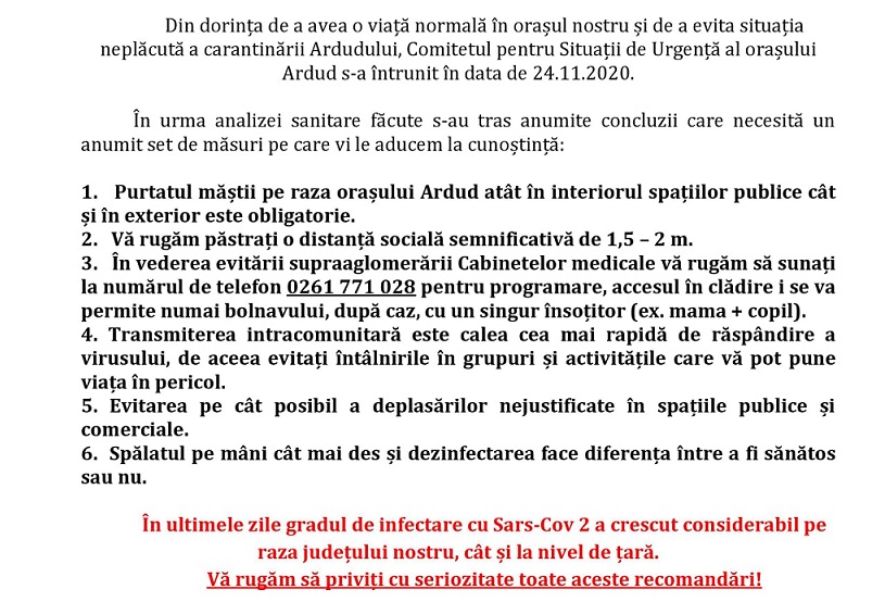 În atenția locuitorilor  orașului Ardud!