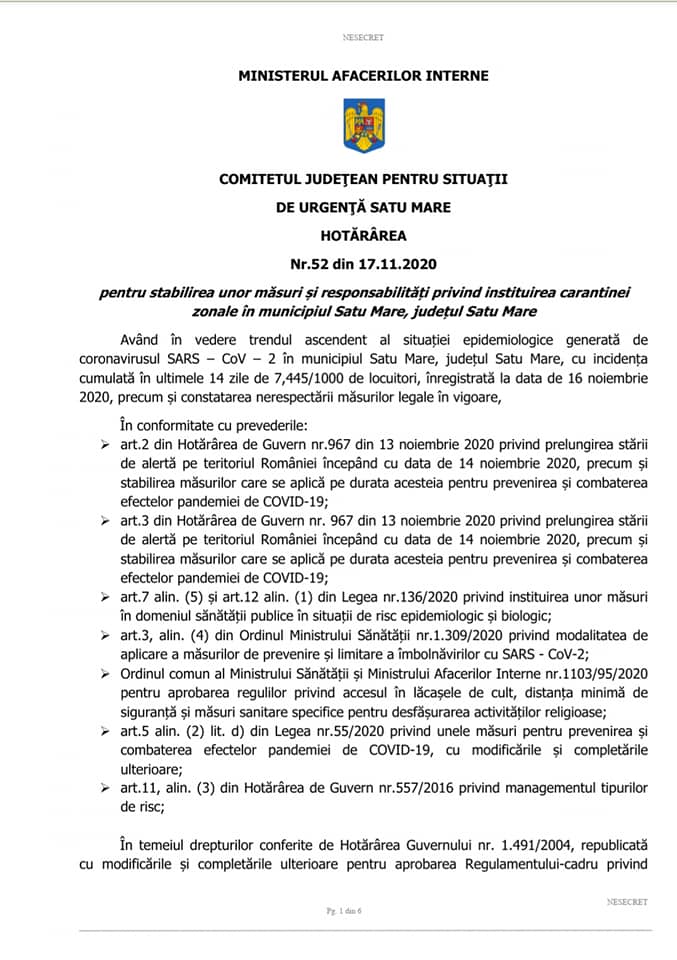 ATENȚIE MARE!!! RESTRICȚII DURE impuse la Satu Mare în CARANTINĂ