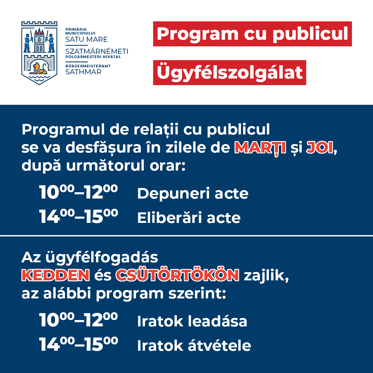 Program redus cu publicul la Primăria Satu Mare