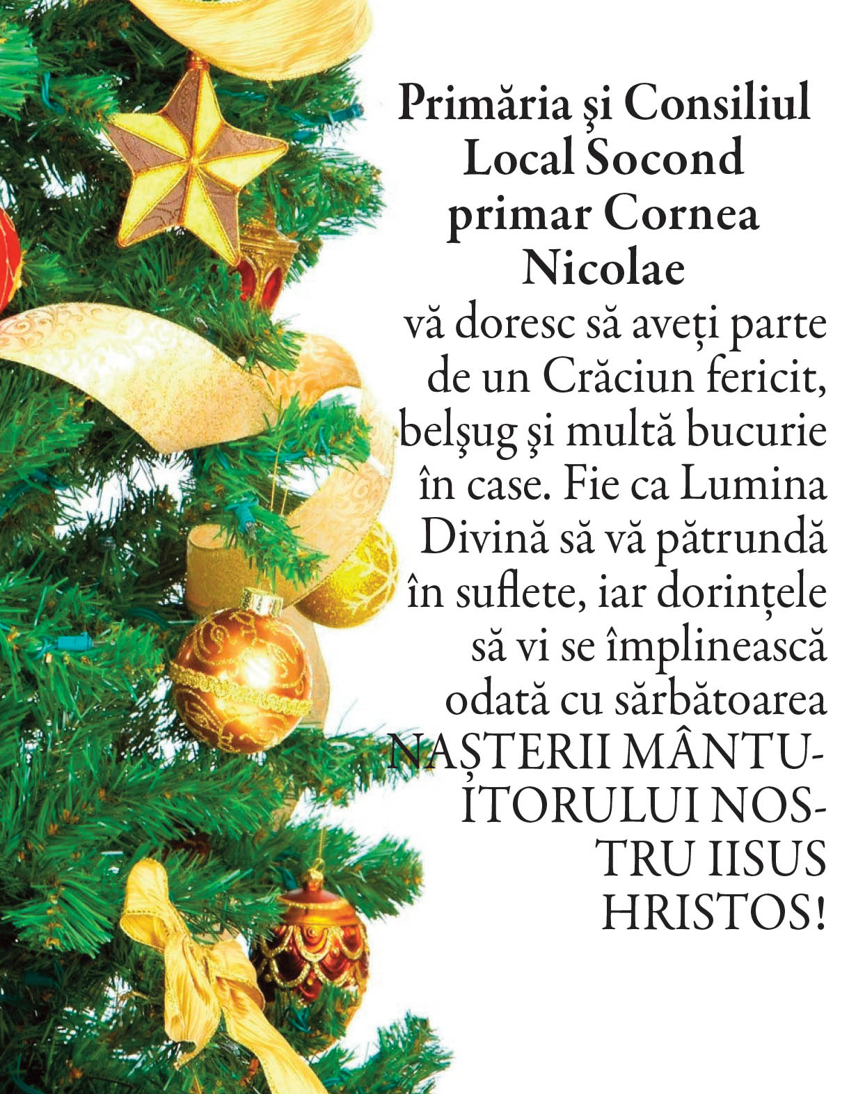 Felicitare Crăciun. Primăria SOCOND