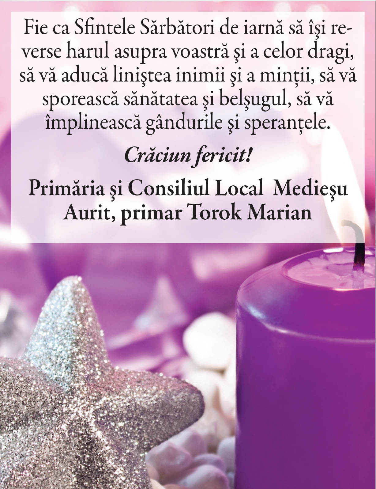 Felicitare Crăciun. Primăria MEDIEŞU AURIT