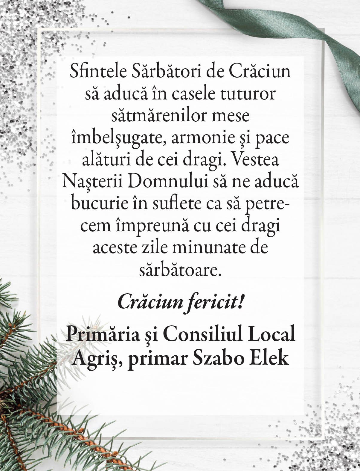 Felicitare Crăciun. Primăria AGRIŞ