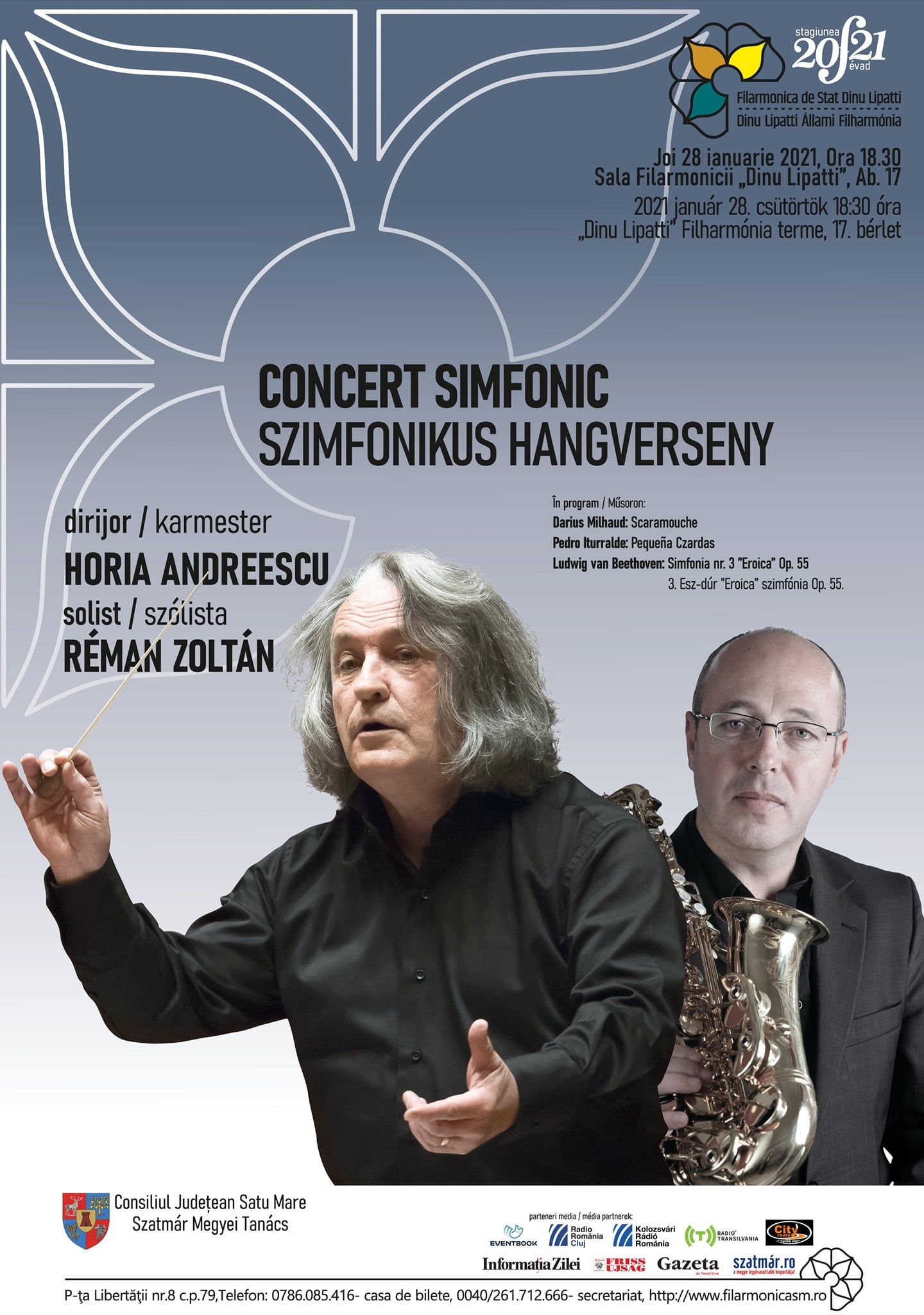 Maestrul Horia Andreescu și saxofonistul Zoltán Réman, în concert la Satu Mare