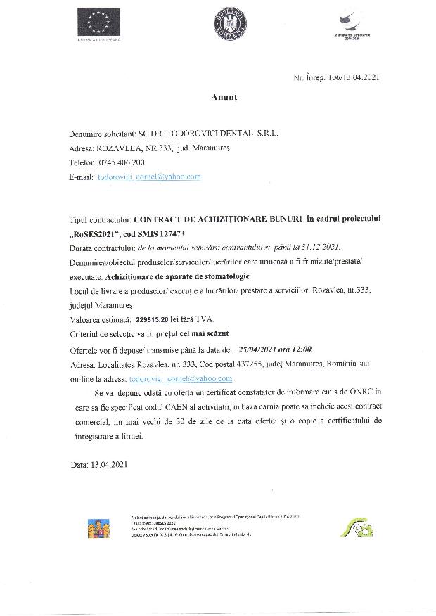 CONTRACT DE ACHIZIȚIONARE BUNURI  în cadrul proiectului „RoSES2021”, cod SMIS 127473