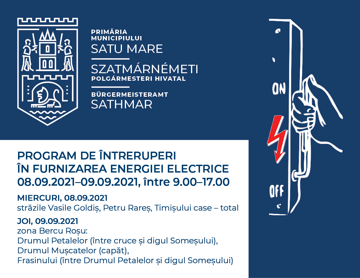 Se întrerupe alimentarea cu energia electrică în câteva zone din Satu Mare
