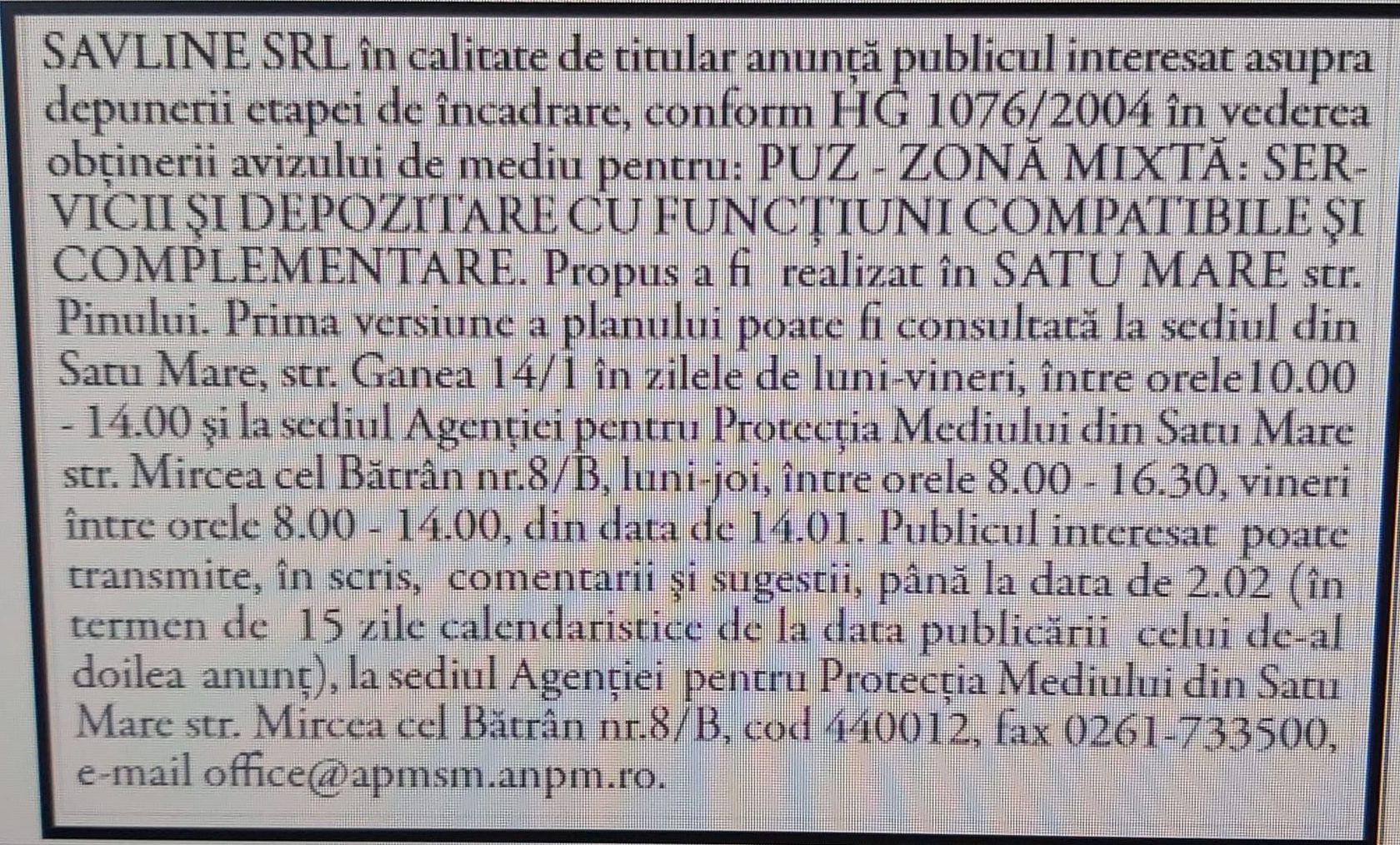 Anunt de mediu SAVLINE SRL