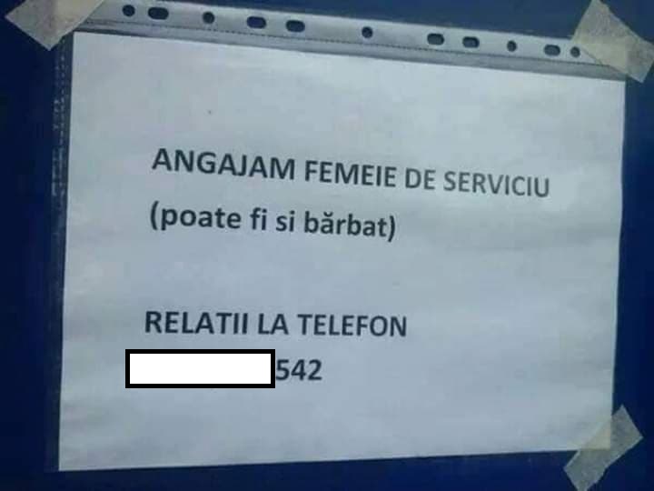 Angajăm femeie de  serviciu. Poate fi și bărbat!