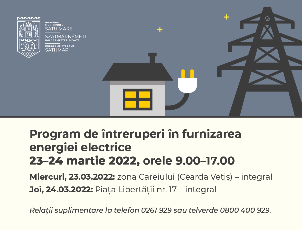 ATENȚIE! Miercuri și joi vor fi zone din Satu Mare fără curent electric