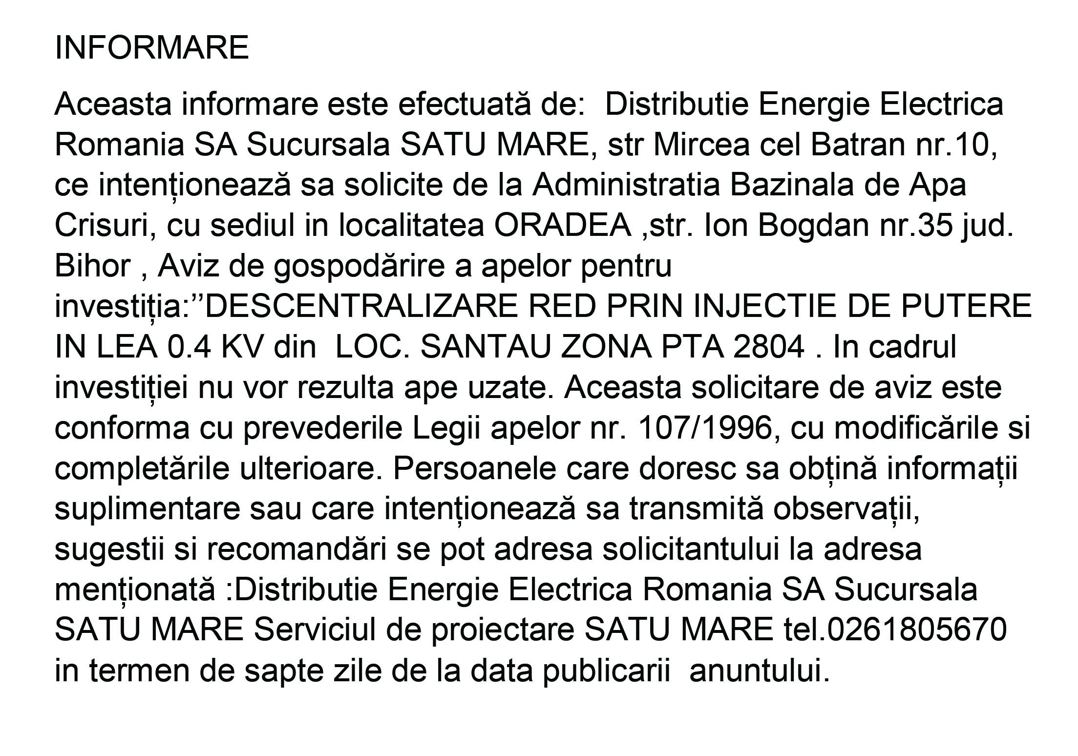 INFORMARE: Distributie Energie Electrica Romania SA Sucursala SATU MARE