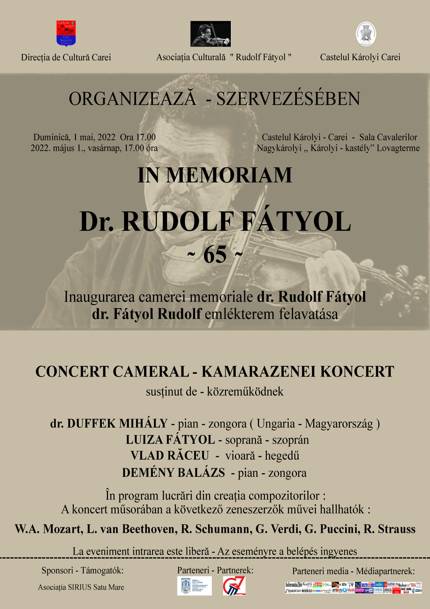 Concert cameral extraordinar și inaugurarea sălii IN MEMORIAM Dr. RUDOLF FÁTYOL la Castelul din Carei