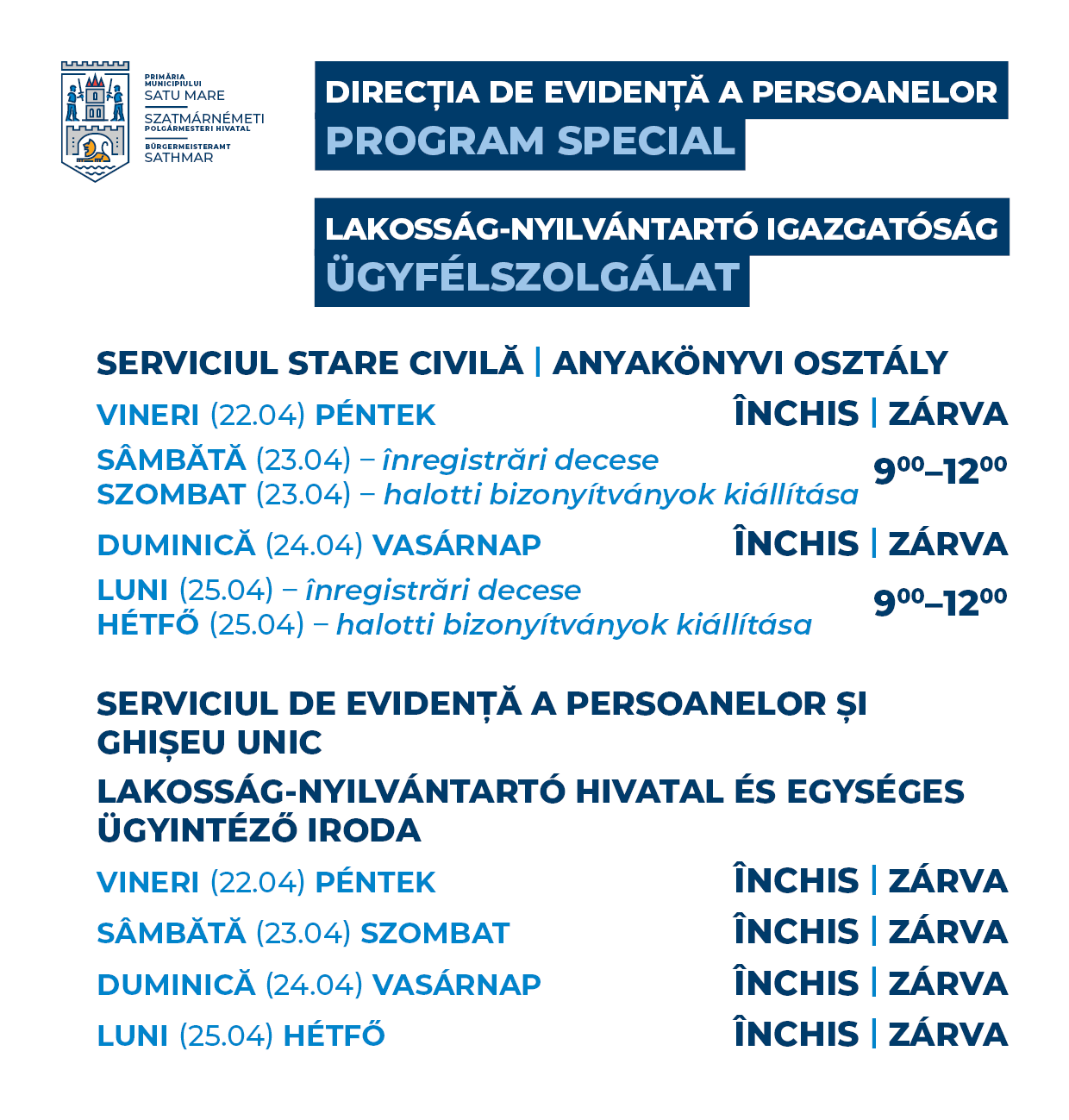 Program special în cadrul primăriei Municipiului Satu Mare în perioada Sărbătorilor Pascale Ortodoxe