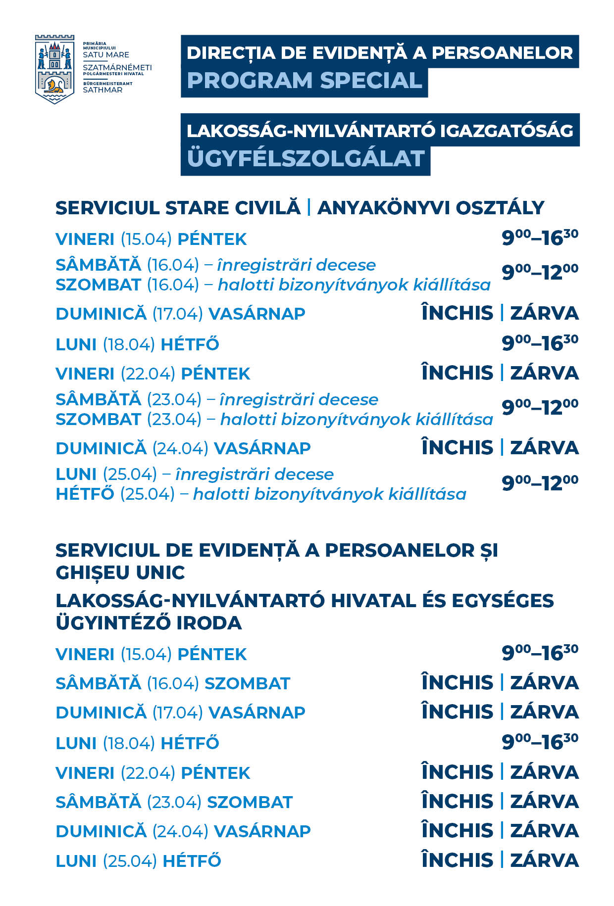 Atenție Sătmăreni! Program special a Direcția de Evidență a Persoanelor în perioada Sărbătorilor Pascale