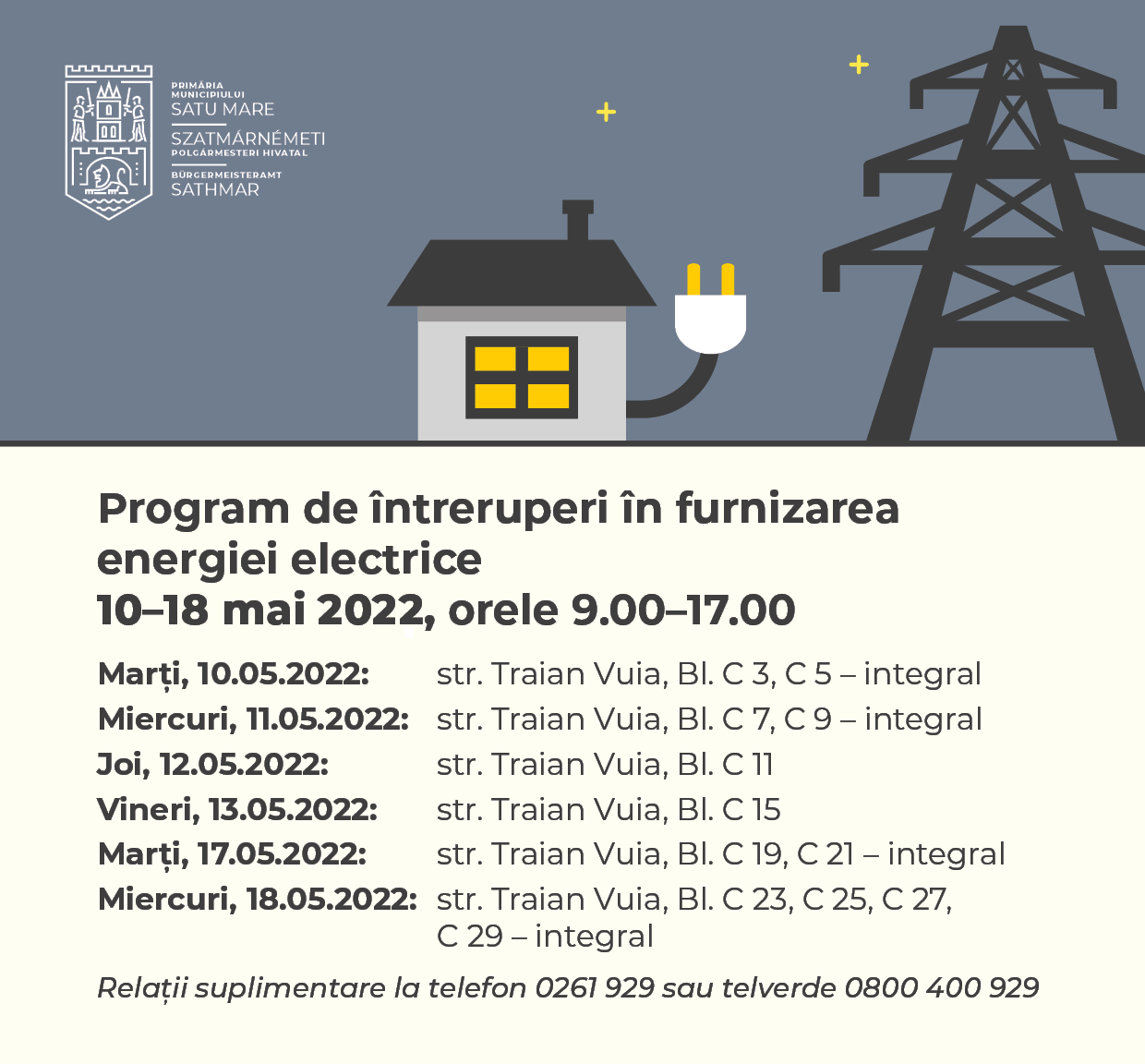 Program de intreruperi în furnizarea energiei electrice