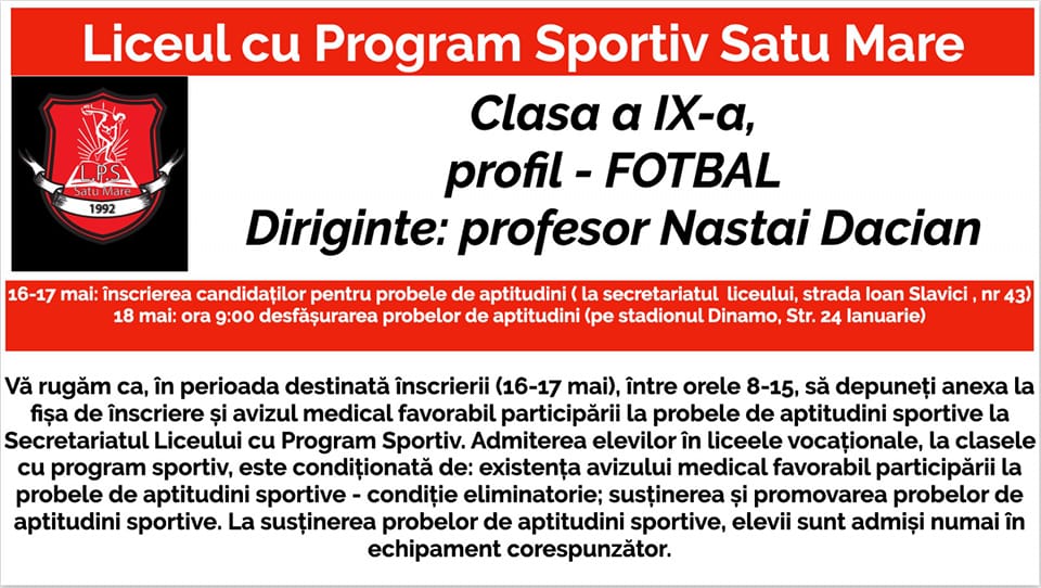 Admitere în clasa a 9-a la LPS Satu Mare