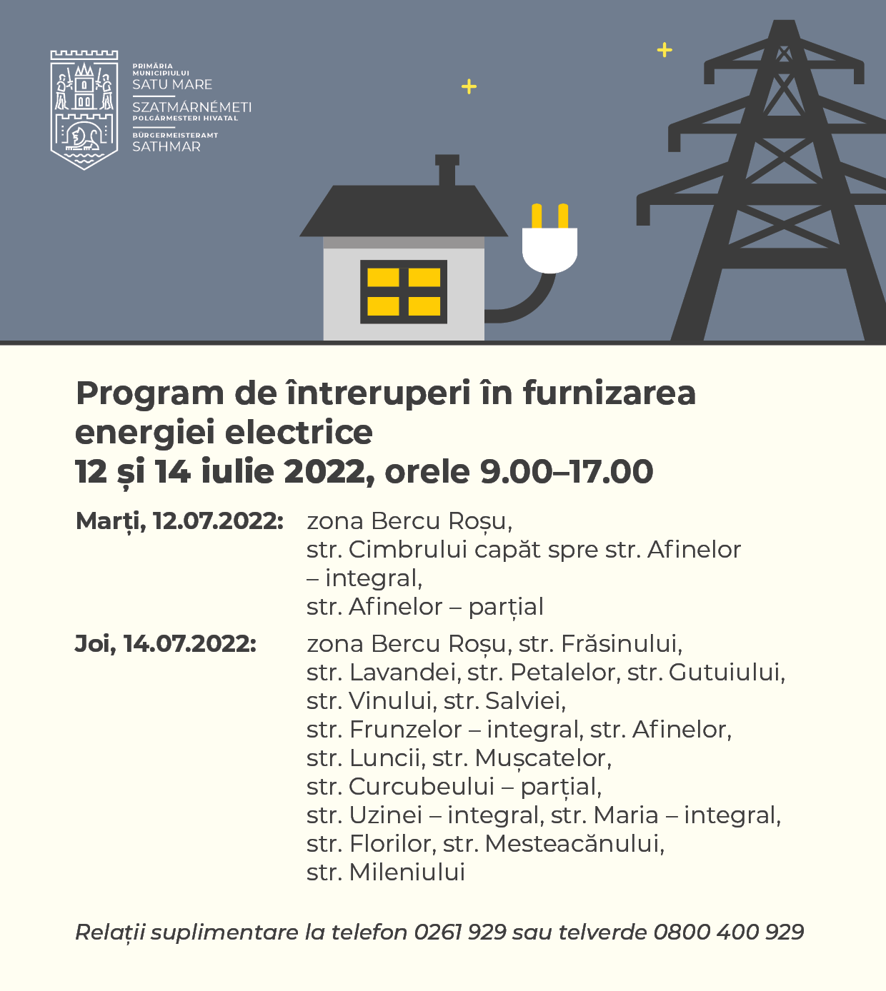 Întreruperea alimentării cu energie electrică astăzi și joi