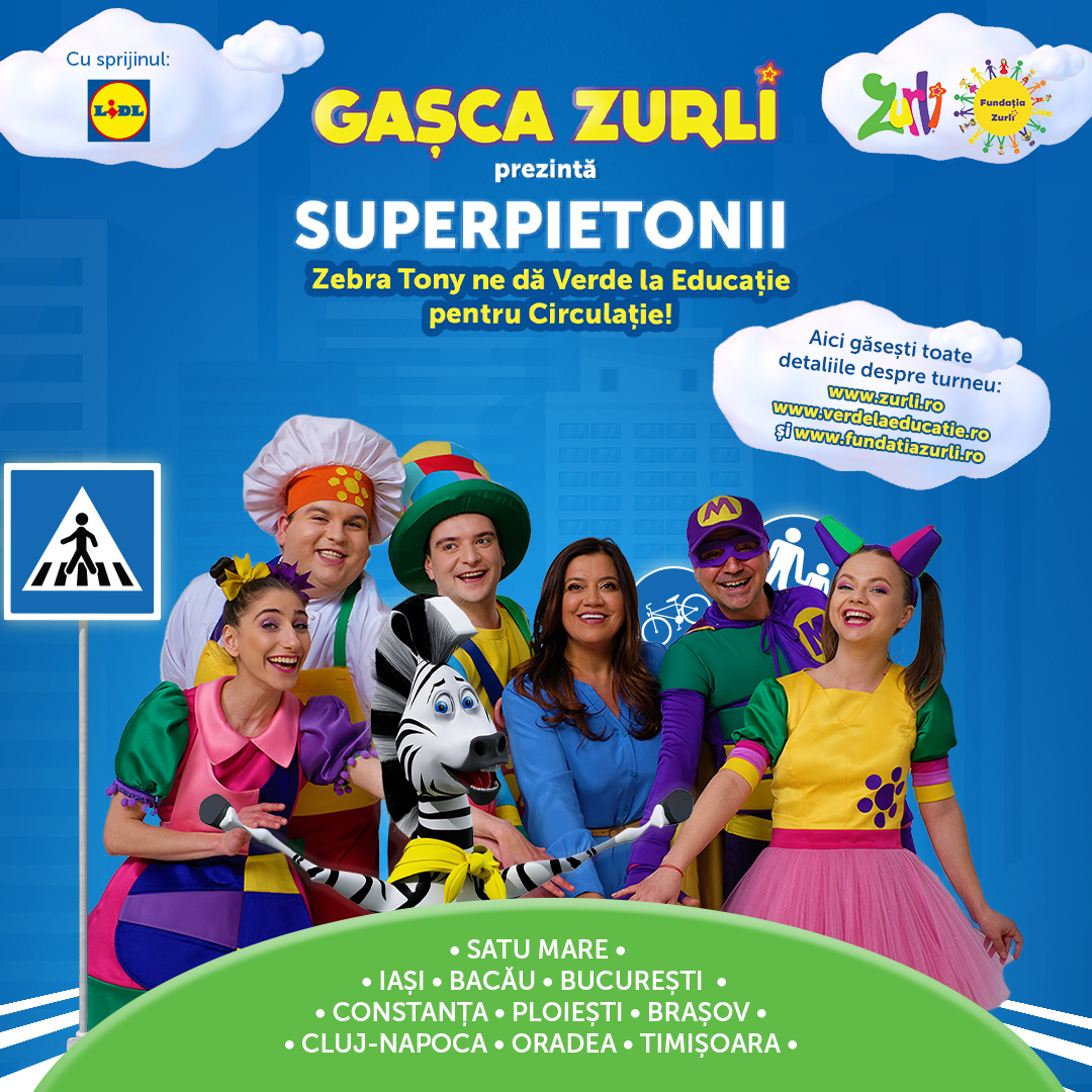 ATENȚIE! SPECTACOL! Gașca Zurli și Zebra Tony ajung duminică, 25 septembrie, la Satu Mare, în prima oprire din Turneul Național ,,SuperPietonii"