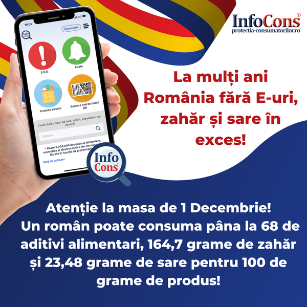 Atenție la masa de 1 decembrie! Un român poate consuma pâna la 68 de aditivi alimentari, 164,7 grame de zahăr și 23,48 grame de sare pentru 100 de grame de produs! La mulți ani, România fără E-uri, zahăr și sare în exces!