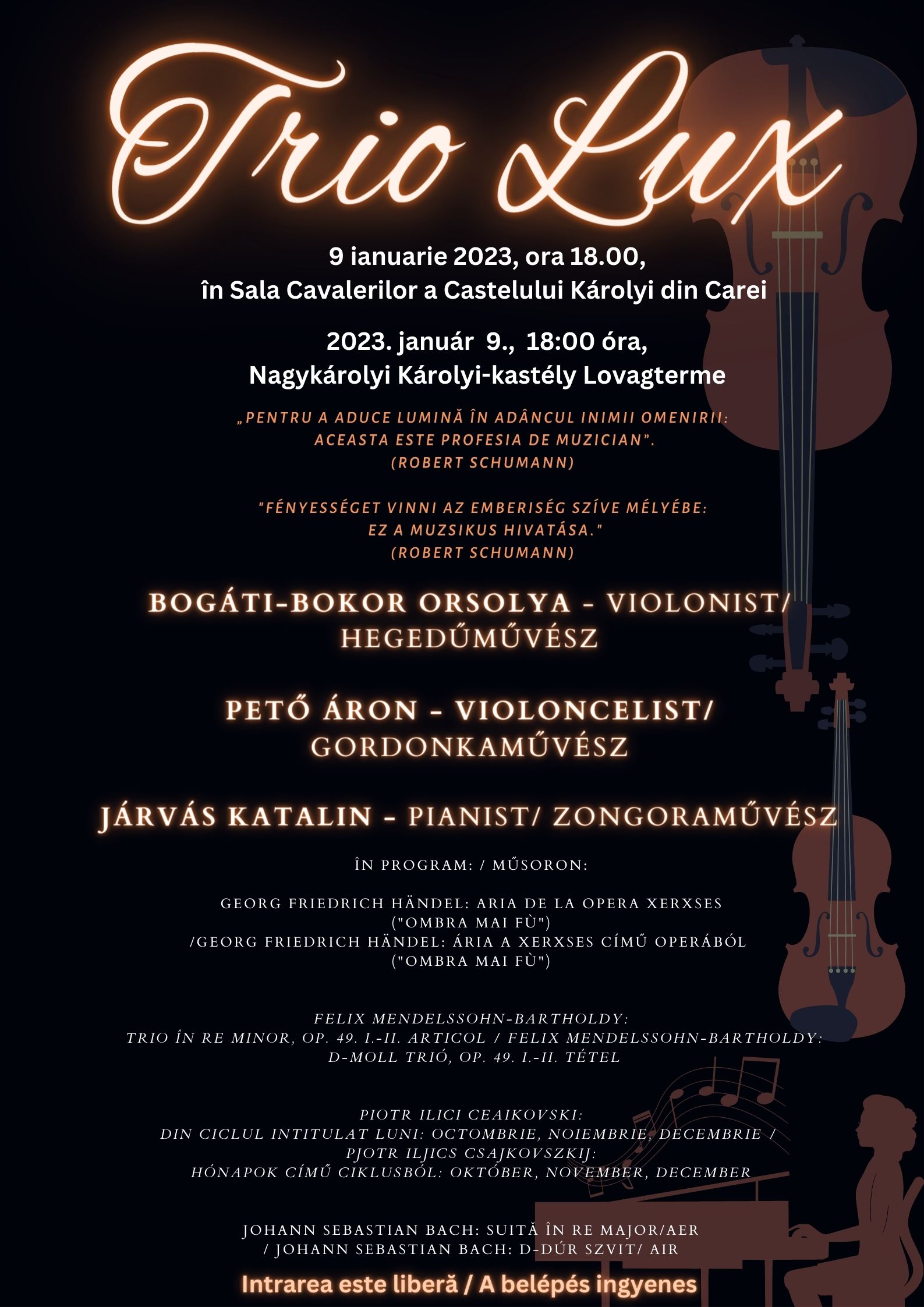 Recitalul de muzică de cameră susținut de grupul TRIO LUX, în Sala Cavalerilor a Castelului Károlyi din municipiul Carei