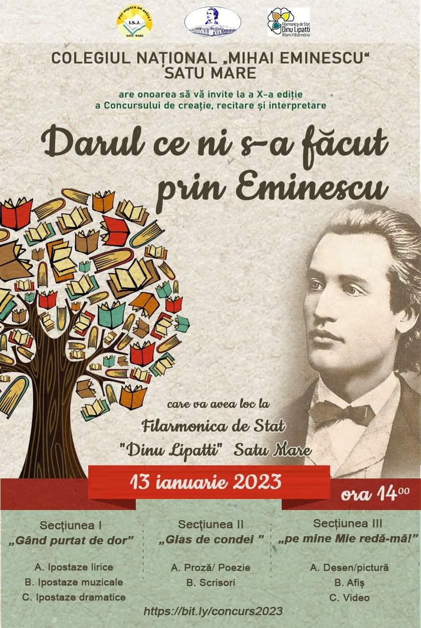 Rezultatele Concursului Interjudețean „Darul ce ni s-a făcut prin Eminescu” Ediția a X-a, 13 ianuarie, 2023