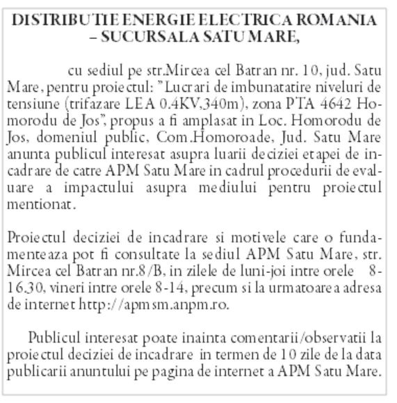 DISTRIBUTIE ENERGIE ELECTRICA ROMANIA – SUCURSALA SATU MARE
