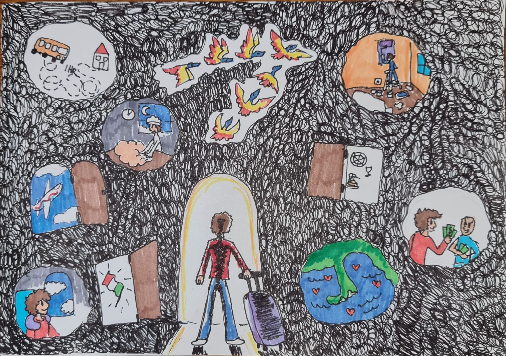 (”Oportunitățile sunt uși deschise - trebuie doar sa ai curaj sa treci prin ele” – desen de Potra Sara Maria – clasa a VIII –a la Școala Gimnazială Mircea Eliade – Cercul de Pictură ”COLORIA” Satu Mare)