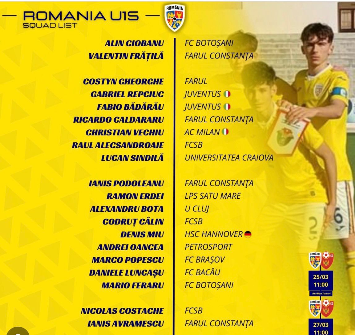 Fotbal juniori: RAMON Erdei, de la LPS la Naționala U15 a României! Are colegi de lot de la Juventus și AC Milan!