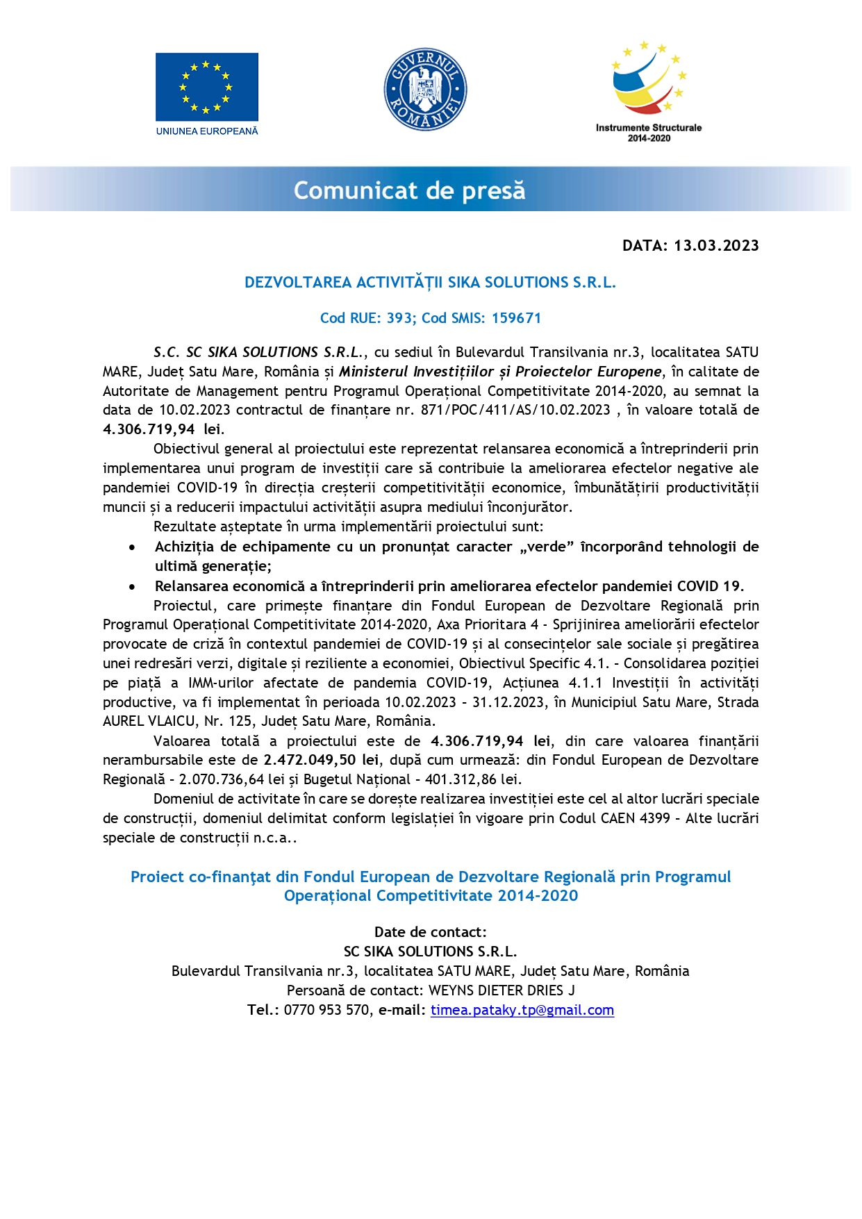 DEZVOLTAREA ACTIVITĂȚII SIKA SOLUTIONS S.R.L