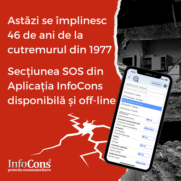 46 de ani de la cutremurul din 1977 - Secțiunea SOS din Aplicația Gratuită InfoCons disponibilă și off-line !