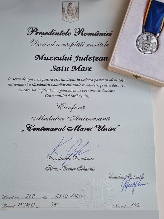 ONOARE. Muzeul Județean, distins cu medalia aniversară, „Centenarul Marii Uniri”, conferită de Președinția României