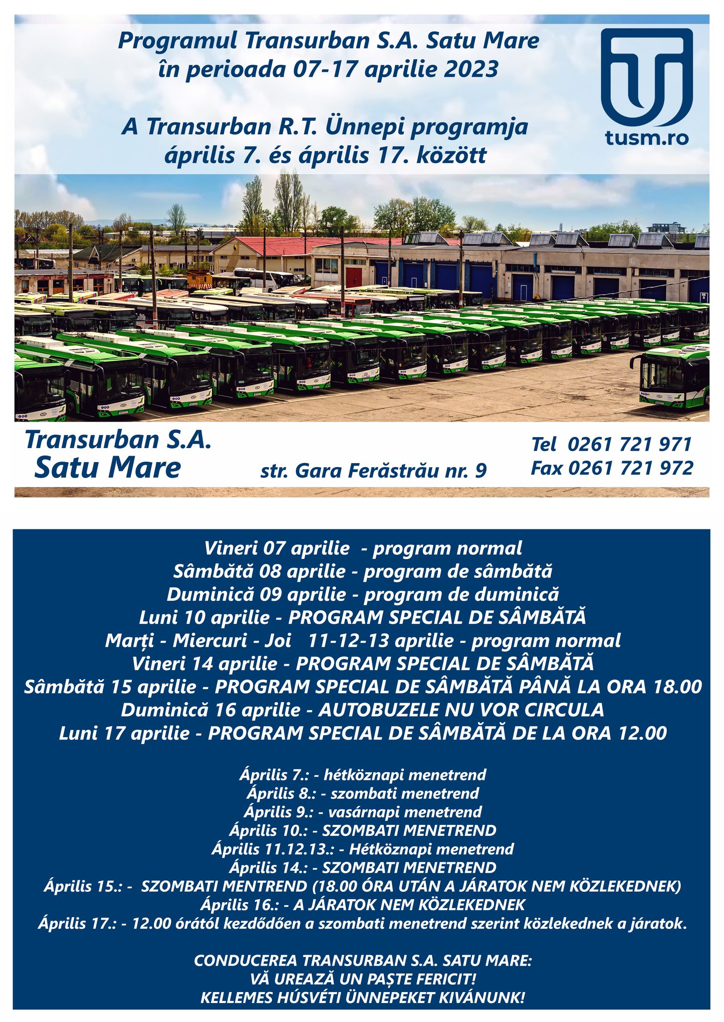 Programul Transurban S.A. Satu Mare în perioada 07-17 aprilie 2023
