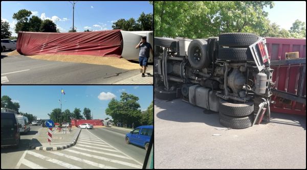FOTO. Tir înmatriculat în Satu Mare, plin cu cereale, răsturnat la Zalău