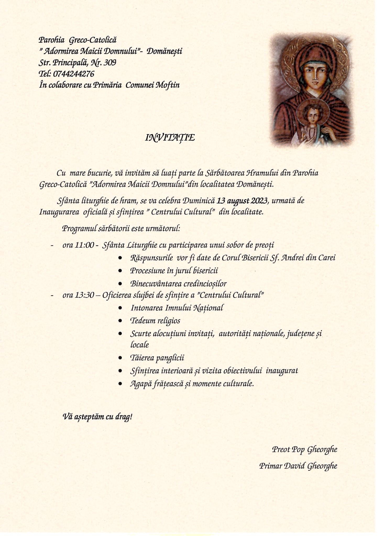 Invitație la Hramul Parohiei din Domănești