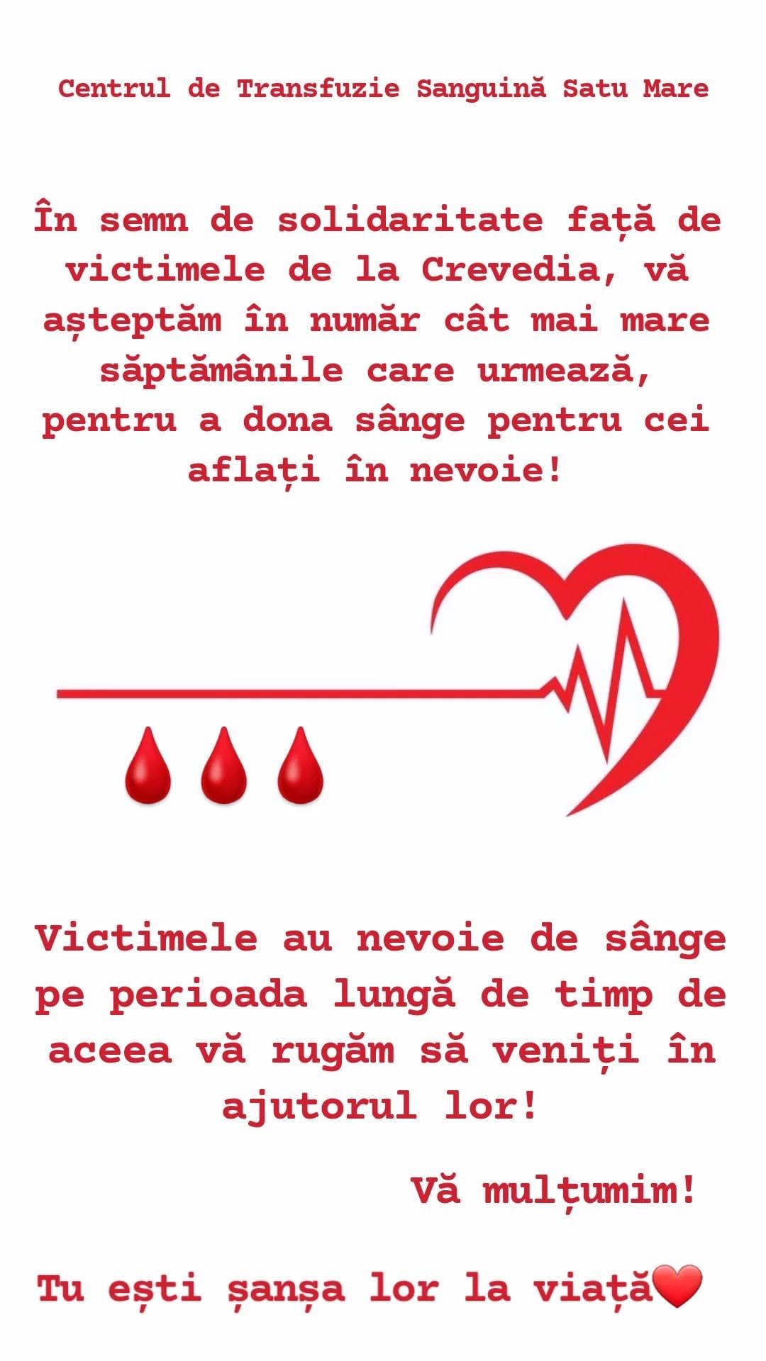 Apel umanitar. Donatorii de sânge sunt așteptați la Centrul de Transfuzie Sanguină Satu Mare