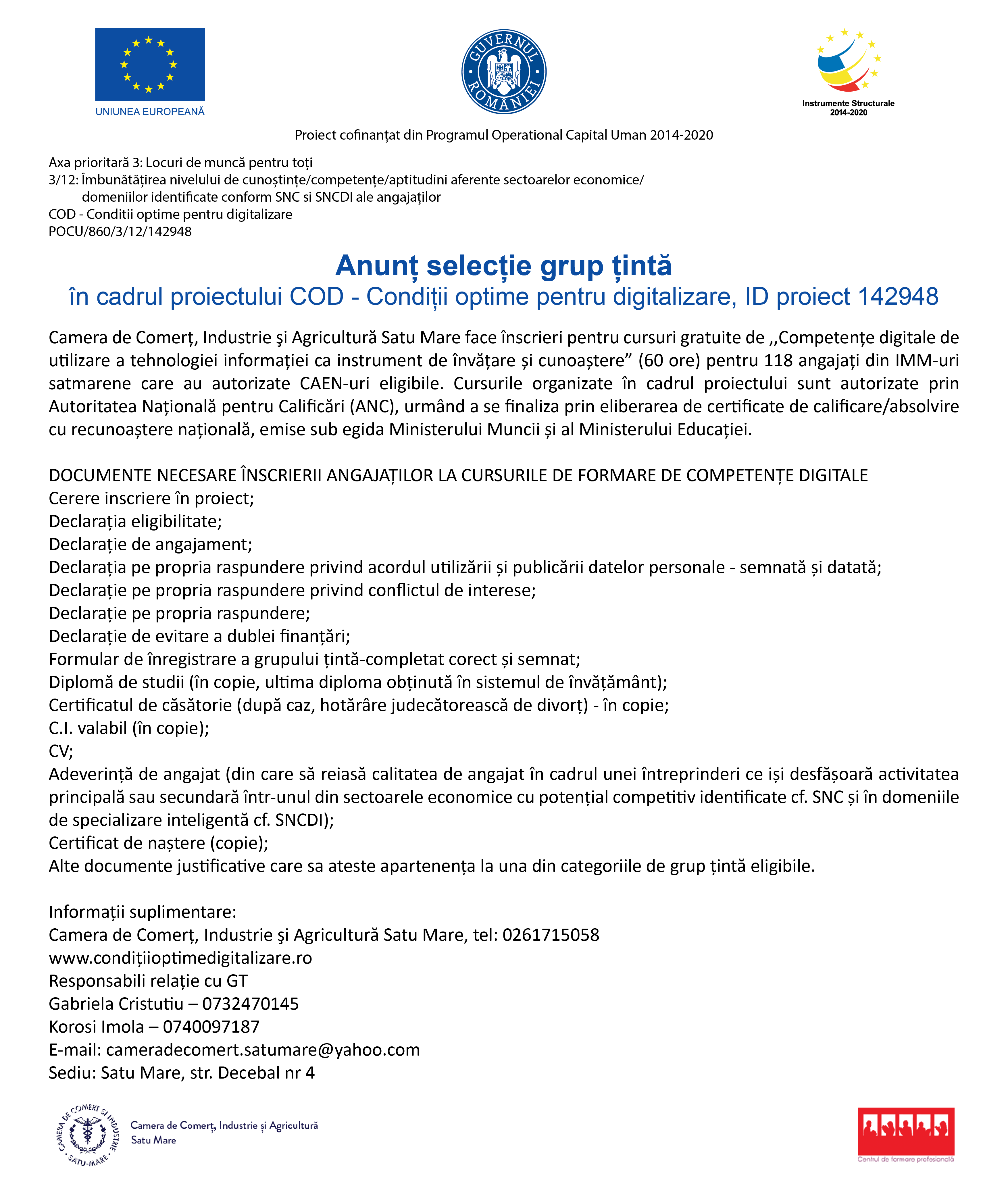 Anunt selecție grup țintă  în cadrul proiectului COD - Condiții optime pentru digitalizare, ID proiect 142948