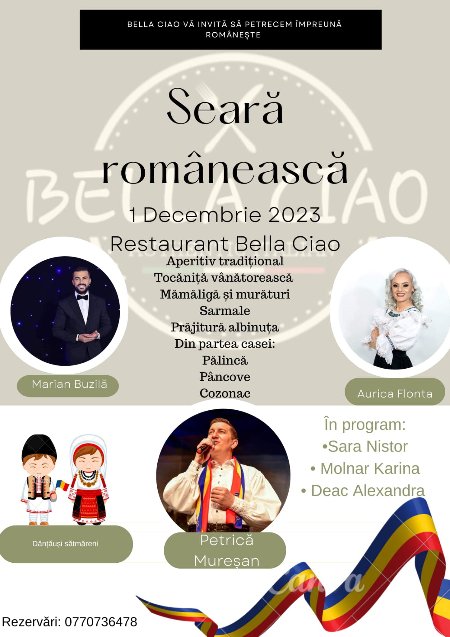 SEARĂ ROMÂNEASCĂ! Super-spectacol de Ziua Naționlă la restaurantul Bella Ciao!